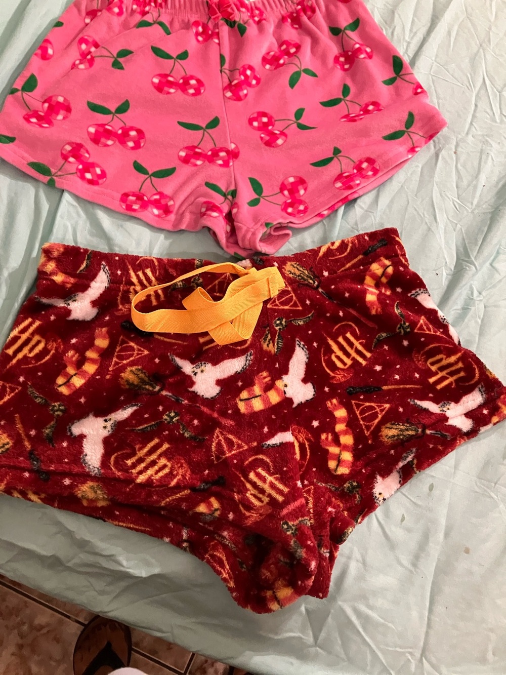 Girls' Red / pink bundle of Plush Fleece Lounge Shorts with Yellow Drawstring